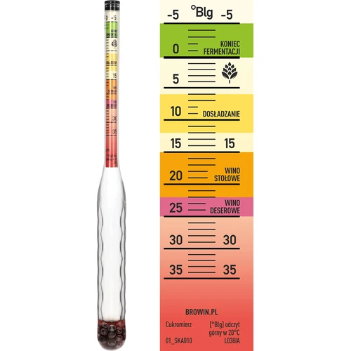 Nesulaužomas sacharometras su mėgintuvėliu, matavimo diapazonas: -5-35°Blg