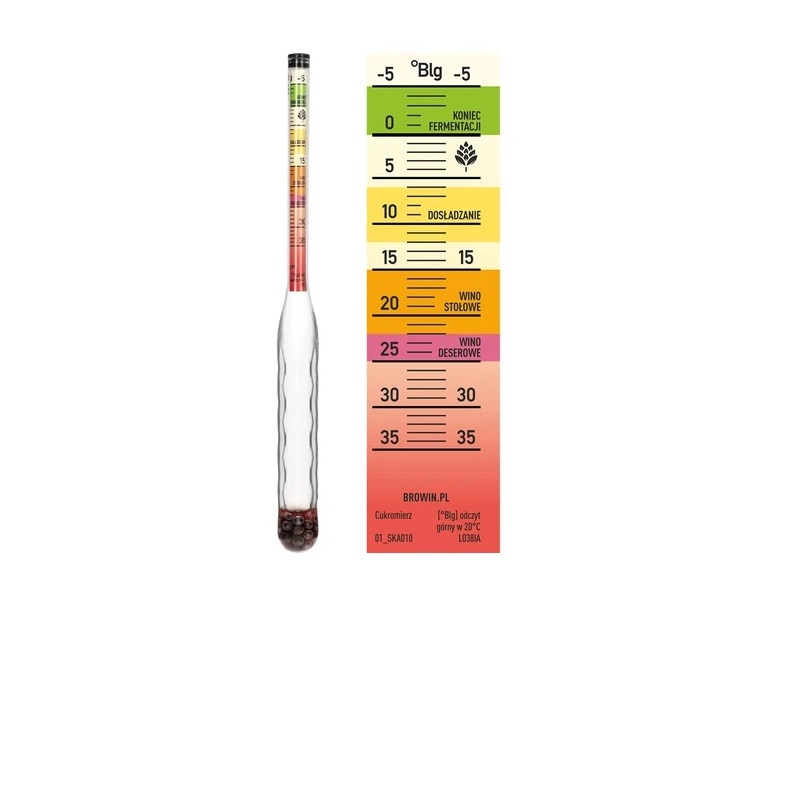 Nesulaužomas sacharometras su mėgintuvėliu, matavimo diapazonas: -5-35°Blg